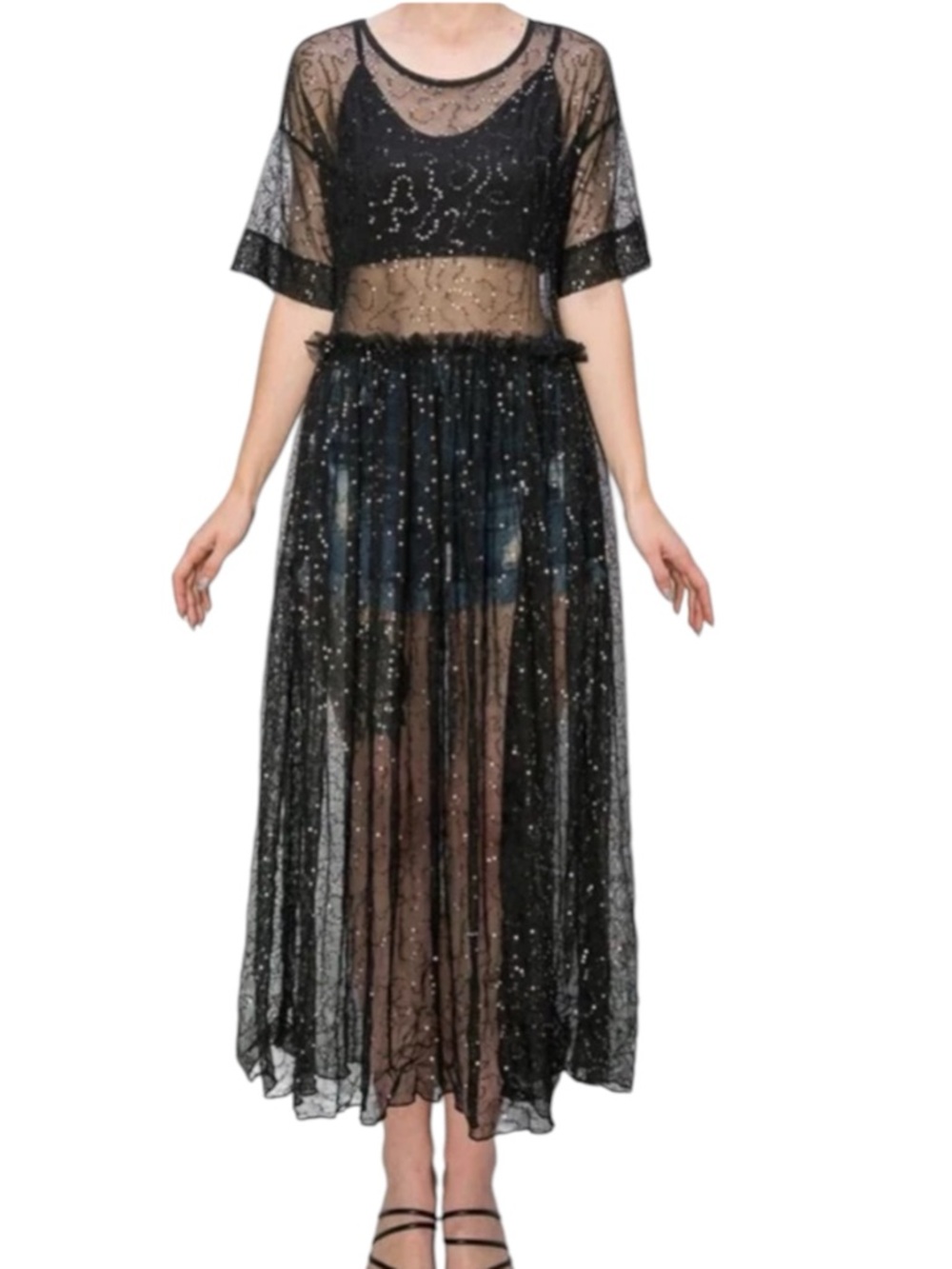 Origami XXL Black Sheer Midi Dress with Sparkle Overlay